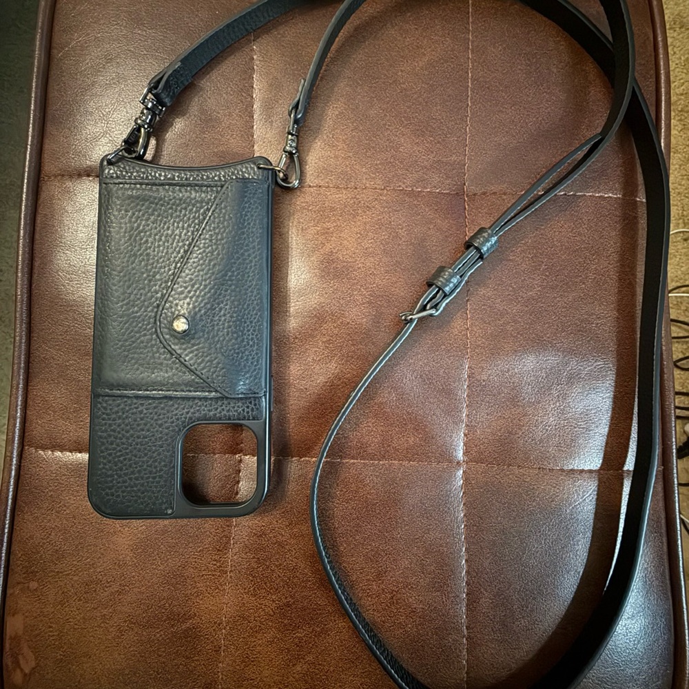 Brandolier Black Leather Crossbody Phone Case with Adjustable Strap